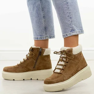 Camelowe skórzane botki damskie na platformie Vinceza 95354 - Botki damskie - miniaturka - grafika 1