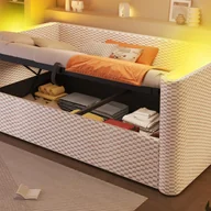 Sofy i kanapy - Rozkładana sofa z pojemnikiem 90x200 cm - z oświetleniem LED - stelaż lamelowy - welur - beżowy (materac nie jest wliczony w cenę) - miniaturka - grafika 1