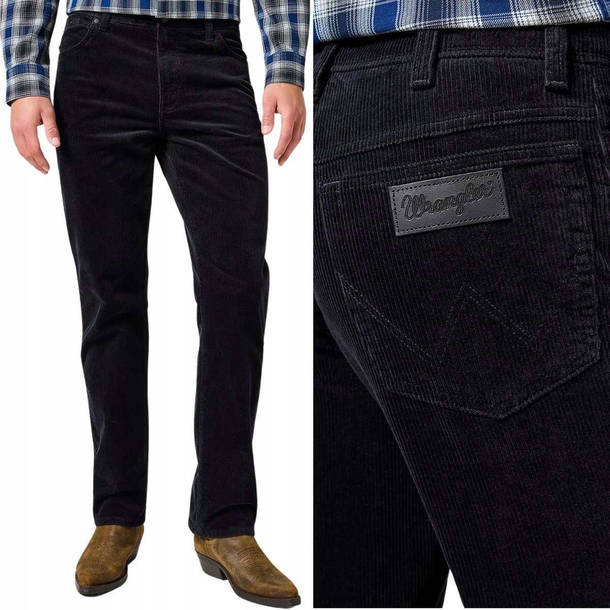 Wrangler TEXAS Black klasyczne czarne proste spodnie sztruksy W32 L32
