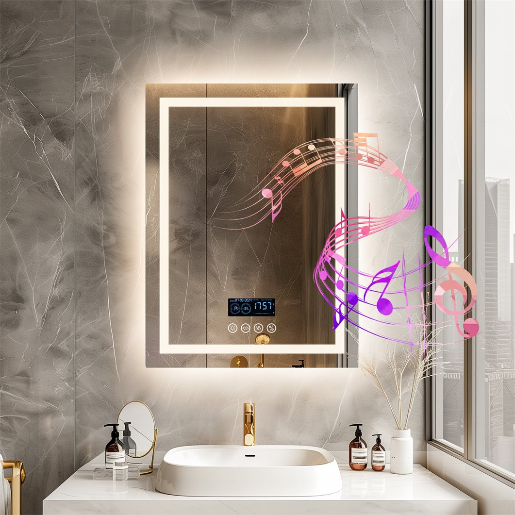 WISFOR Lustro łazienkowe LED z głośnikiem Bluetooth, lustro łazienkowe z oświetleniem 3 kolory światła, lustro ścienne LED ściemniane bez mgły, przełącznik dotykowy