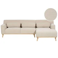 Narożniki - BELIANI Narożnik lewostronny beżowy sztruksowa tapicerka 3-osobowy drewniane nóżki kanapa sofa retro salon - miniaturka - grafika 1