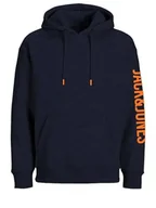 Bluzy męskie - JACK & JONES Męska bluza z kapturem Jjerunner Sweat Hood Sn, Navy Blazer/Szczegóły: melanż - Vibrant Orange, XS - miniaturka - grafika 1