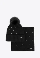 Czapki damskie - Komplet damski zimowy – czapka i komin w kryształki czarny - miniaturka - grafika 1