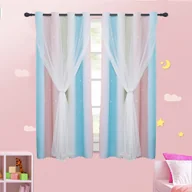 Firany i zasłony dla dzieci - Zasłony z oczkami Zestaw 2 zasłon Sypialnia Pokój dziecięcy Dziewczęta Zaciemniająca nieprzezroczysta zasłona z wydrążoną gwiazdą i woalem, 1,3 * 2,43 m, różowy + niebieski - miniaturka - grafika 1