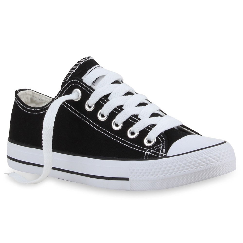 Mytrendshoe Damskie Trampki Niskie Płócienne Buty Casualowe Sznurowane Buty Sportowe 94237, Kolor: Czarny Lucky, Rozmiar: 38