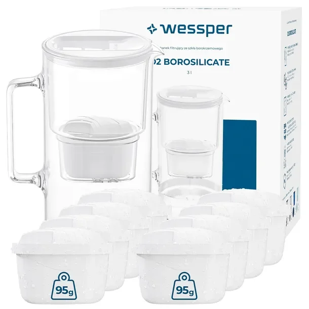 Dzbanek filtrujący szklany Wessper D2 Borosilicate 3l + 9x filtr do wody