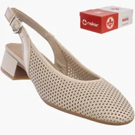 Czółenka - Czółenka Damskie RIEKER Buty Skórzane z odkrytą piętą Na Klocku Beżowe 43458-60 41 - miniaturka - grafika 1