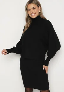 Czarny Prążkowany Komplet Dzianinowy Sukienka na Grubych Ramiączkach i Golf z Bufkami Beloraena - Komplety damskie - miniaturka - grafika 1