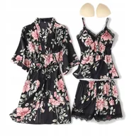 Piżamy damskie - SATYNOWA PIŻAMA DAMSKA KOMPLET 3w1 SZLAFROK KOSZULKA NOCNA HALKA SPODENKI KOLOR CZARNY - miniaturka - grafika 1