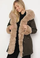 Kurtki damskie - Zielono-Beżowa Kurtka Parka z Kapturem i Odpinanymi Futerkowymi Zdobieniami Inessara - miniaturka - grafika 1