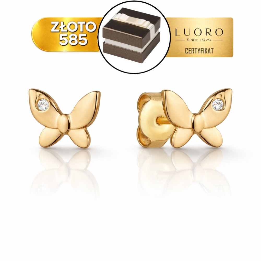 KOLCZYKI ZŁOTE 585 14K MOTYLEK Z CYRKONIĄ SZTYFT 0,5X0,7 CM ELEGANCKIE