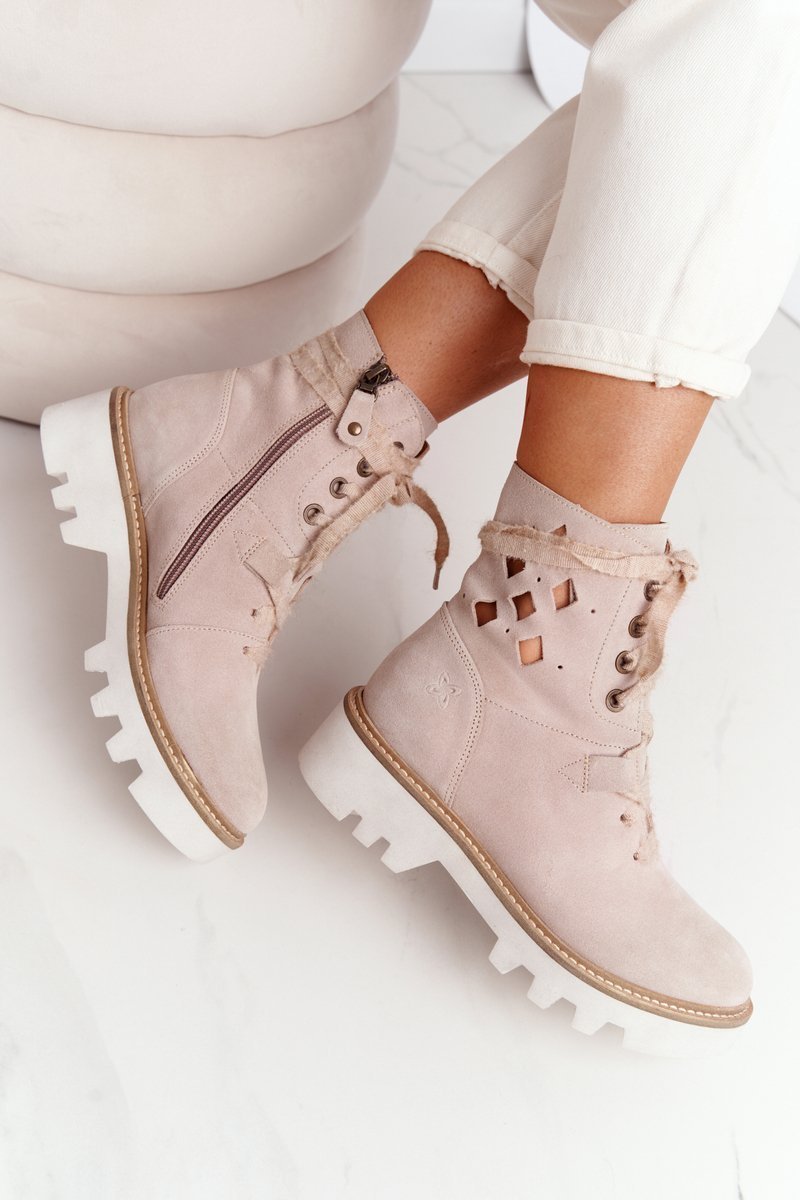 Zamszowe Ażurowe Botki Maciejka Beżowe 05033-04-37