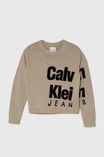 Swetry dla dziewczynek - Calvin Klein Jeans sweter bawełniany dziecięcy kolor beżowy - grafika 1