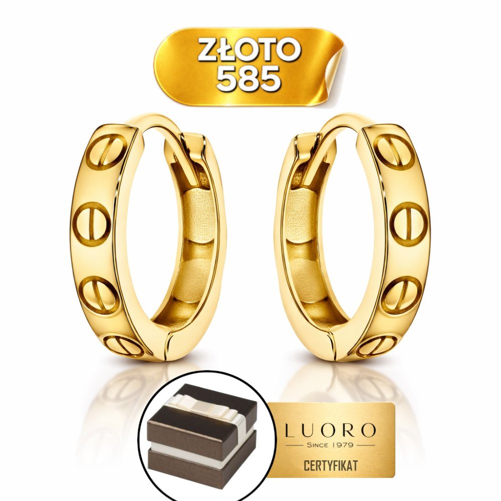 KOLCZYKI ZŁOTE 585 14K KÓŁECZKA 13 MM ZE ZDOBIENIEM ZAPIĘCIE ANGIELSKIE