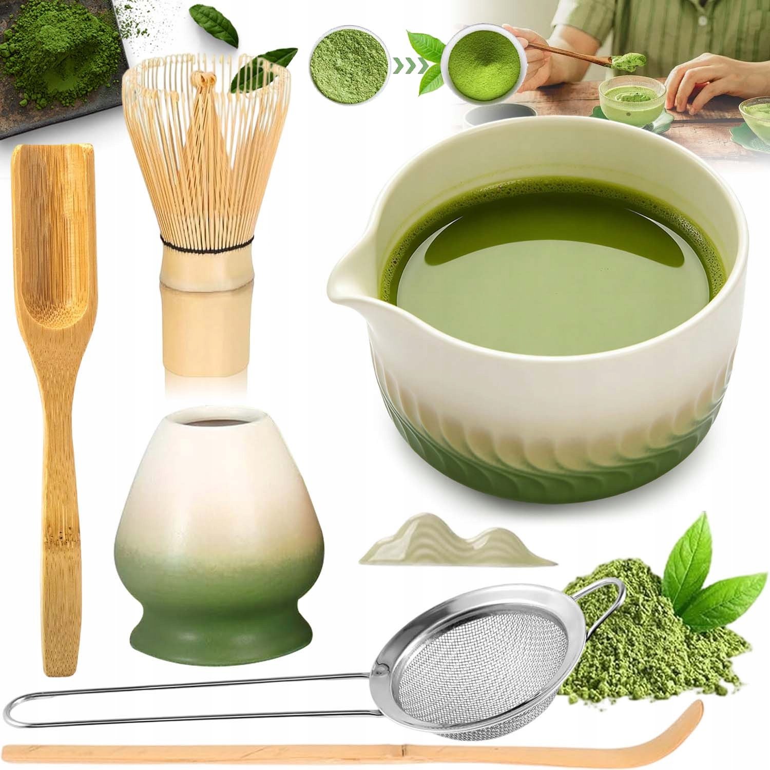 Zestaw Prezentowy Do Herbaty Matcha Czarka Miotełka Podstawka Łyżeczka 7SZT