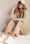 Komplety damskie - Beżowy Welurowy Komplet Dresowy z Bluzą i Spodniami Lunamea - miniaturka - grafika 1