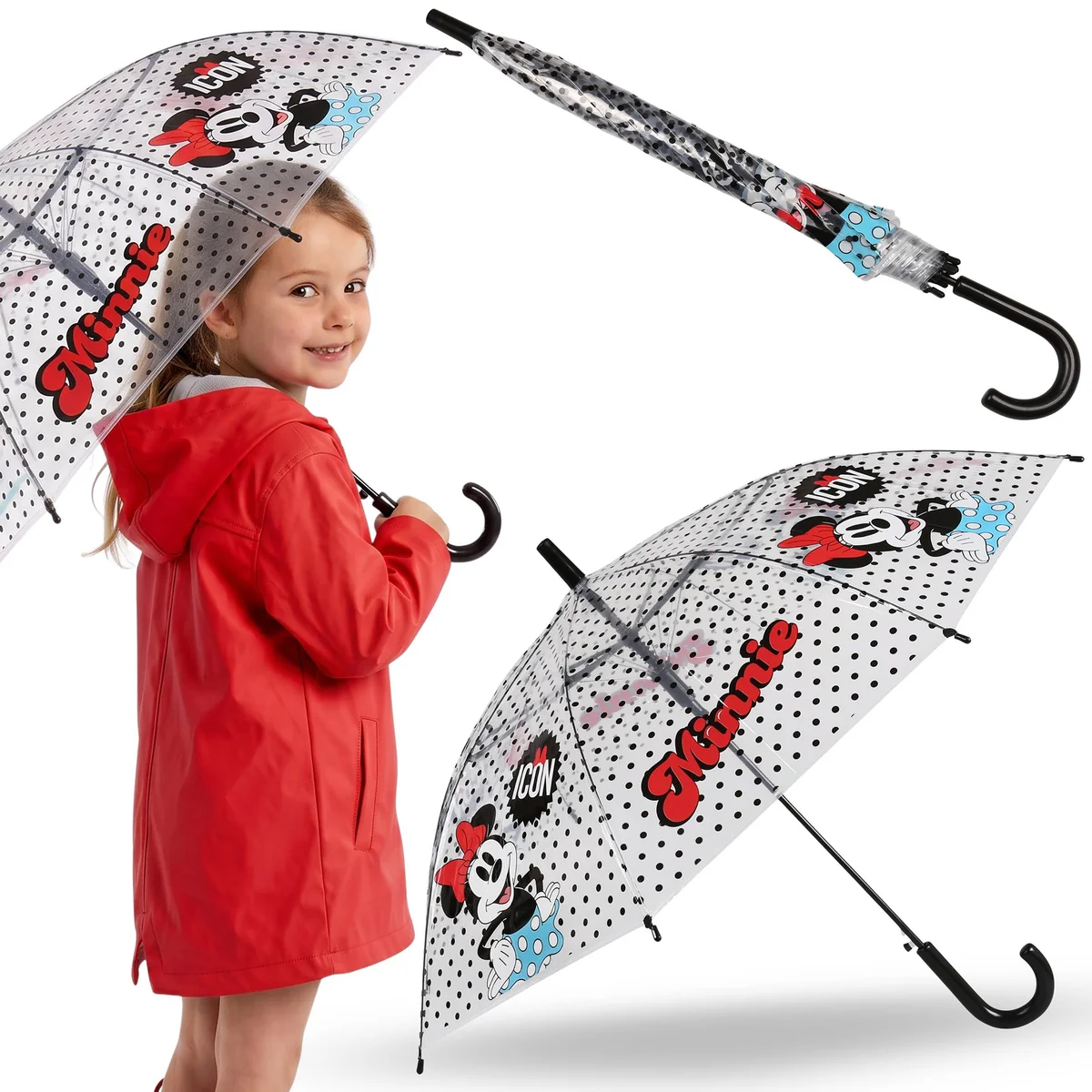 DISNEY Myszka Minnie Parasolka dziecięca DLA DZIEWCZYNKI, transparentny SKŁADANY parasol AUTOMATYCZNY