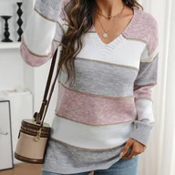 Swetry damskie - TEMU Elegancki Damski Płaszcz Maxi z Dekoltem w Serek i Długim Rękawem – Zimowy Ciepły Sweter-Kurtka z Kolorowym Kołnierzem, Paskowany Blazer na - miniaturka - grafika 1