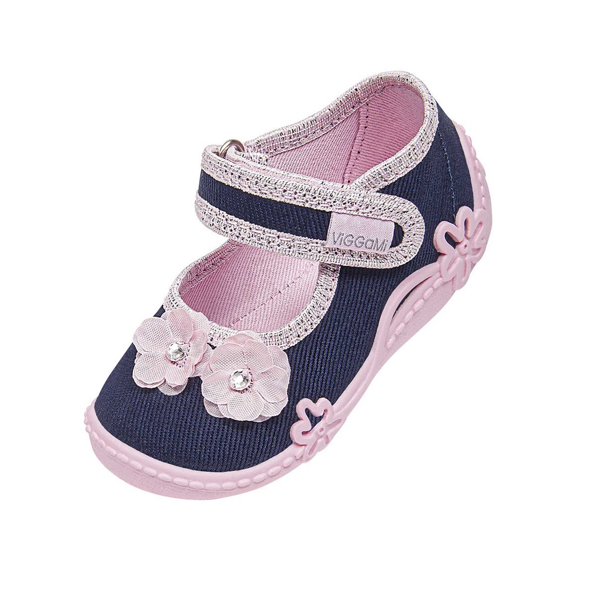 Dziewczęce kapcie na rzep z kwiatkami 3D granatowe