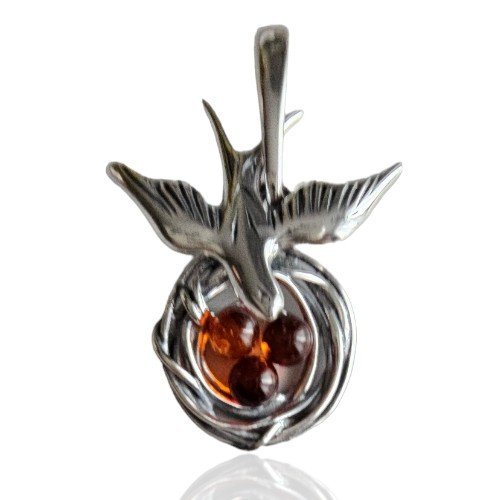 ankabizuteria.pl Srebrna zawieszka z bursztynem JASKÓŁKA NAD GNIAZDEM