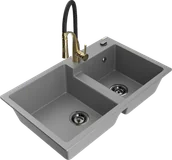 Zlewozmywaki z baterią - Mexen Tomas zlewozmywak granitowy 2-komorowy z baterią kuchenną Aster, szary - 6516-71-73450-57-B - miniaturka - grafika 1