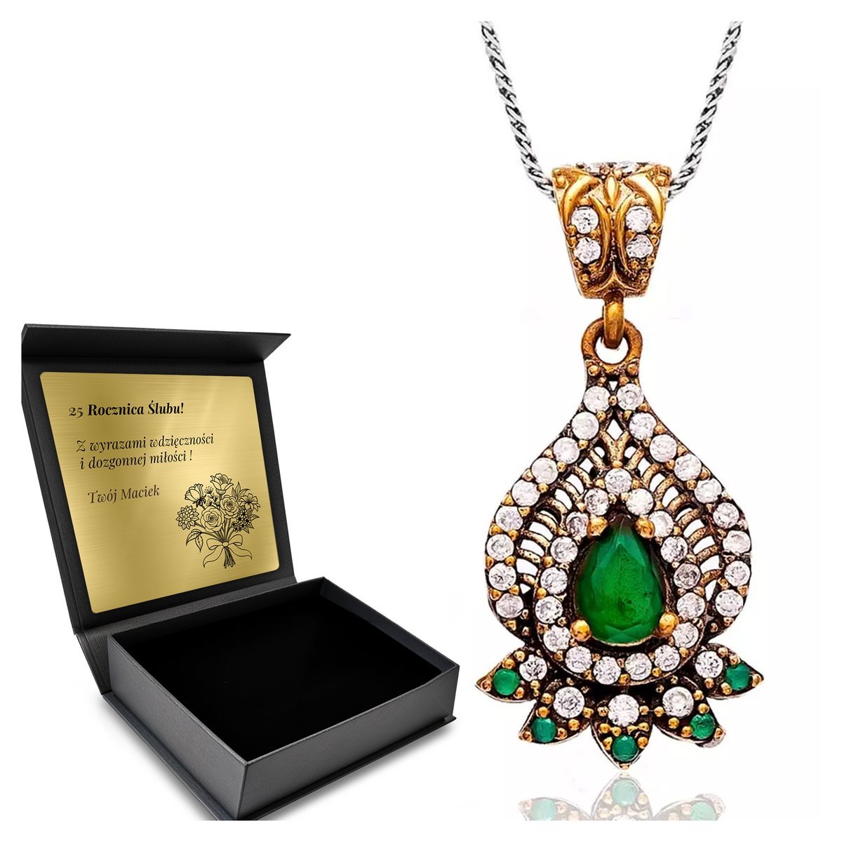 Naszyjnik Srebrny 925 Cyrkonie Szmaragd Biżuteria Dla Kobiety + Grawer