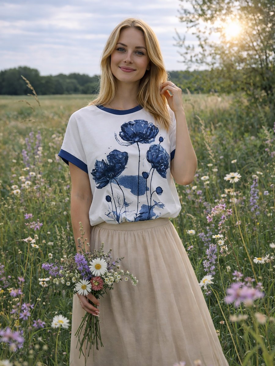 Bluzka bawełniana z nadrukiem granatowy L