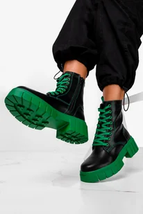 Czarne workery sznurowane damskie botki na zielonej podeszwie Casu ER22WX6-BG - Botki damskie - miniaturka - grafika 1