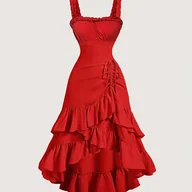 Sukienki - TEMU Elektryczna Sukienka Syrenki z Kwadratowym Dekoltem dla Kobiet - Jednokolorowa Czerwona, A-Linia na z Marszczeniami, Możliwość Prania w Pralce, - miniaturka - grafika 1