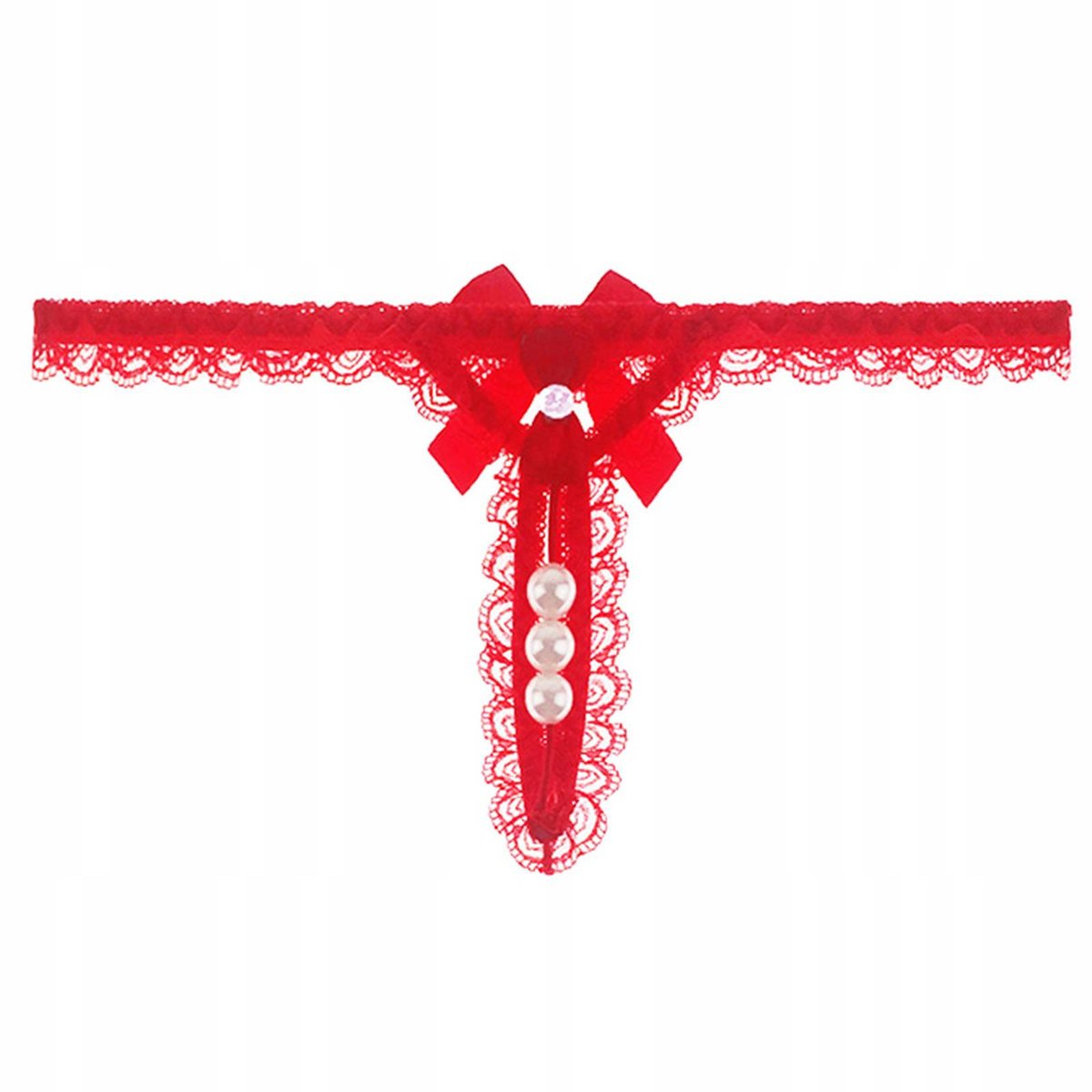 Stringi paseczki czerwone majtki z rozcięciem haft perełki - S/M