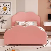 Łóżka dla dzieci i młodzieży - Łóżko dziecięce tapicerowane welurem - 90x200cm - z wezgłowiem w kształcie chmurki + stelaż na listwy - Różowe - miniaturka - grafika 1