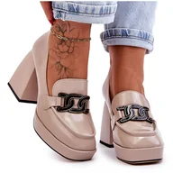 Czółenka - S.Barski Skórzane Czółenka Na Masywnym Obcasie Beżowe Maximo beżowy - miniaturka - grafika 1