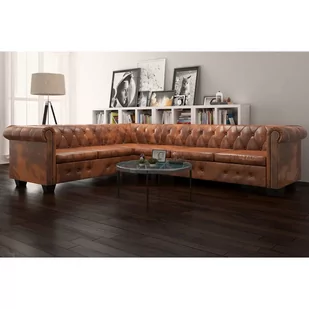 vidaXL Sofa rogowa Chesterfield sześcioosobowa brązowa sztuczna skóra 243618 - Narożniki - miniaturka - grafika 1