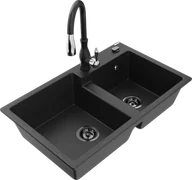 Zlewozmywaki z baterią - Mexen Tomas zlewozmywak granitowy 2-komorowy z baterią kuchenną Savita, czarny/srebrny metalik - 6516-73-672601-70-B - miniaturka - grafika 1