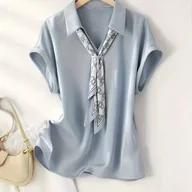 Koszule damskie - TEMU Letnia Moda Koszula z Batwing Rękawami i Kokardą w Dekolt V dla Kobiet - miniaturka - grafika 1