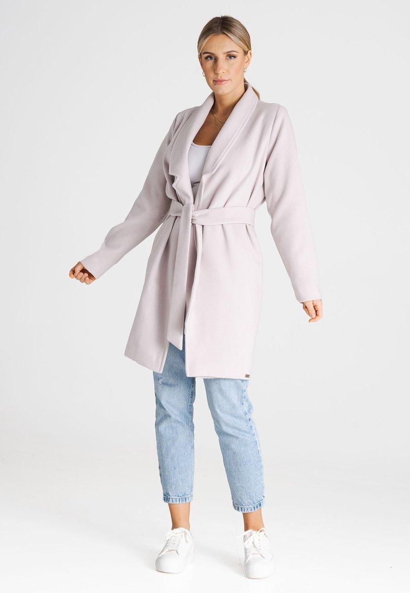 Elegancki płaszcz damski wiązany z paskiem Regular Fit midi - FIGL M990, beżowy, M