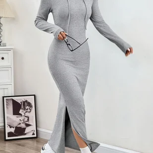 TEMU Sukienka damska z kapturem na wiosnę/jesień, casualowa, dopasowana, z długim rękawem i rozcięciem u dołu, wykonana z jednokolorowej dzianiny - Inne - miniaturka - grafika 1