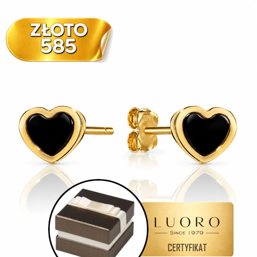 KOLCZYKI ZŁOTE 585 14K SERCA ONYKS SZTYFT 6,4 MM ELEGANCKIE PREZENT