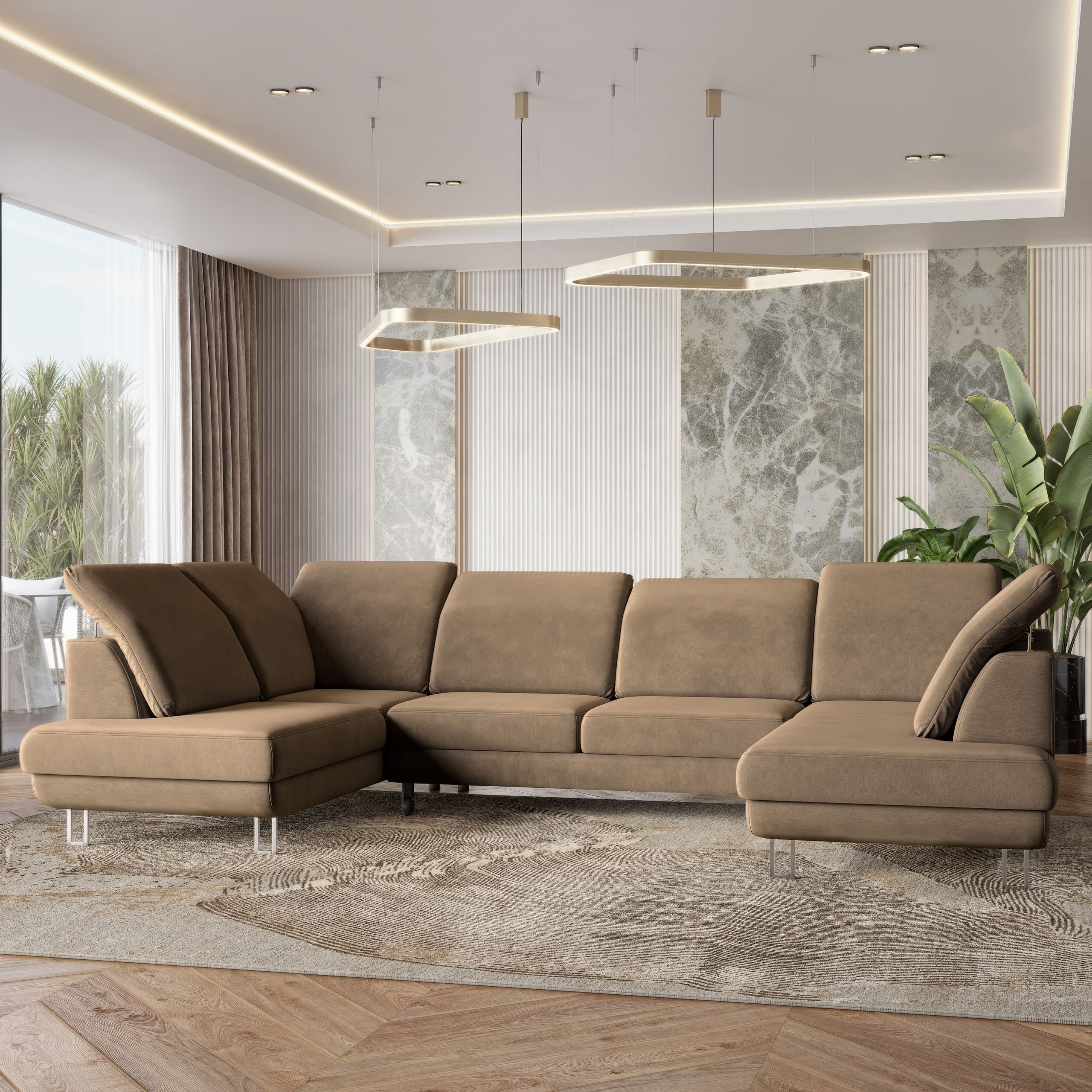 Masseno Narożnik TERAMO z funkcją spania i pojemnikiem na pościel Kształt U, Rozkładana sofa, Rogówka - Beżowy, MONOLITH 09