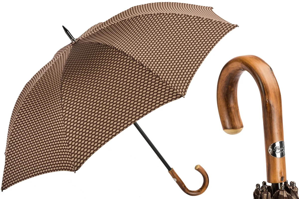 PARASOL ŻAKARDOWY GEOMETRYCZNY Z RĄCZKĄ KASZTANOWĄ Luksusowy Parasol Pasotti
