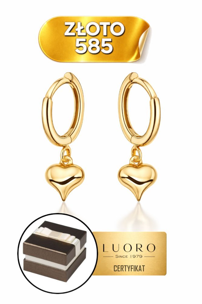 Kolczyki złote 585 14K kółeczka z sercem diamentowany przód 2 CM kremol