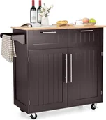 Wózki kuchenne - KOMFOTTEU Wózek kuchenny z blatem, wyspa kuchenna na kółkach, wózek do serwowania z 2 szufladami i drzwiczkami, duży drewniany wózek, wózek kuchenny 94 x 45,5 x 94,5 cm (kawa) - miniaturka - grafika 1