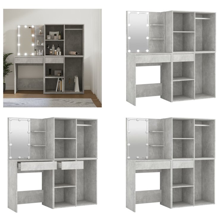 vidaXL toaletka LED z 2 szafkami betonowa szara drewniana - toaletka LED z szafką - toaletki LED z szafkami - toaletka - toaletka