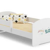 Łóżka dla dzieci i młodzieży - Białe Łóżko Dziecięce 160x80 cm z Rysunkiem Samolotu i Barierką – Zawiera Piankowy Materac i Pełną Ramę, Wymiary 164x88x63 cm - miniaturka - grafika 1