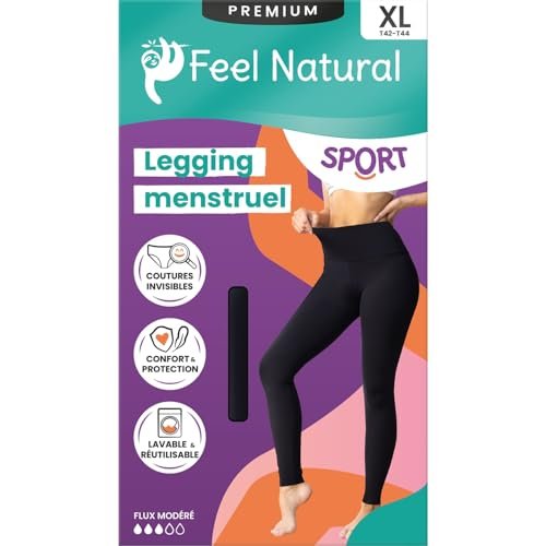 Feel Natural Damskie sportowe legginsy menstruacyjne, nadające się do prania, wielokrotnego użytku z niewidocznymi szwami, komfort i maksymalna ochrona dla aktywnego i nieprzeciekającego codziennego