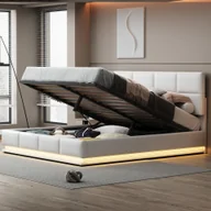 Łóżka - Łóżko tapicerowane Flieks z LED, łóżko na sprężynach hydraulicznych 180x200cm z listwowym stelażem i schowkiem, łóżko podwójne drewniane łóżko młodzieżowe imitacja skóry, białe - miniaturka - grafika 1