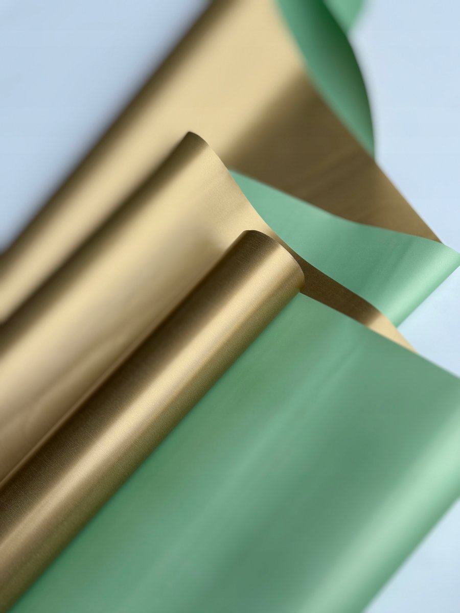 Papier Folia satynowy do pakowania 50cmX9m dwukolorowy Mentol + Złoto, Gold