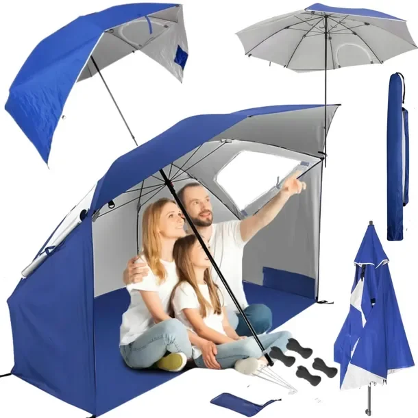 Parasol Plażowy Składany Duży Parawan Uv Ze Ścianmi Podłogą Oknami Xl 220cm