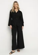 Komplety damskie - Czarny Komplet z Lnem w Eleganckim Stylu Koperowa Bluzka i Spodnie Koririssa - miniaturka - grafika 1