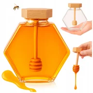 Pojemniki kuchenne - SZEŚCIOKĄTNY SZKLANY SŁOIK 380 ml + POKRYWKA BAMBUS z NABIERAKIEM na MIODY - miniaturka - grafika 1
